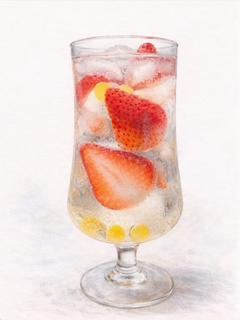 A tall glass filled with ice, sliced strawberries, and small yellow fruit balls in a clear, sparkling beverage.