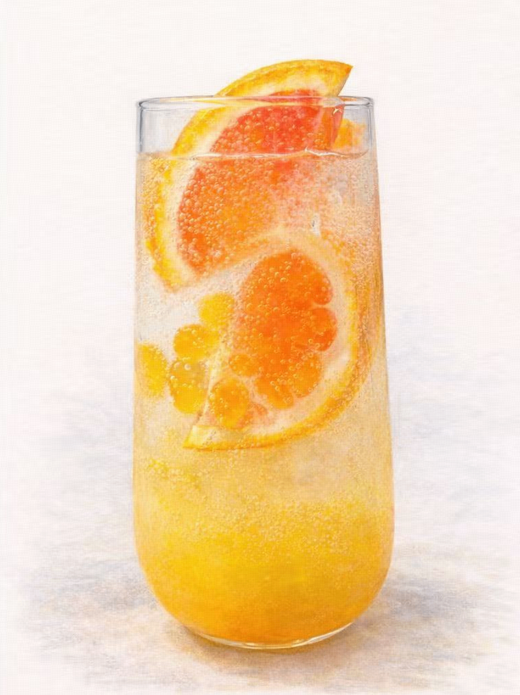 A tall glass of sparkling orange citrus beverage garnished with two fresh grapefruit slices against a white background.