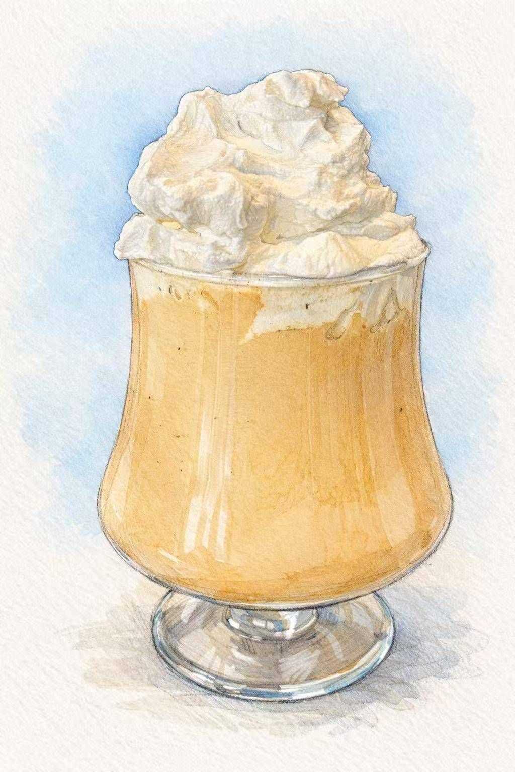 A watercolor painting of a glass filled with a creamy, golden-orange drink topped with a large swirl of whipped cream.