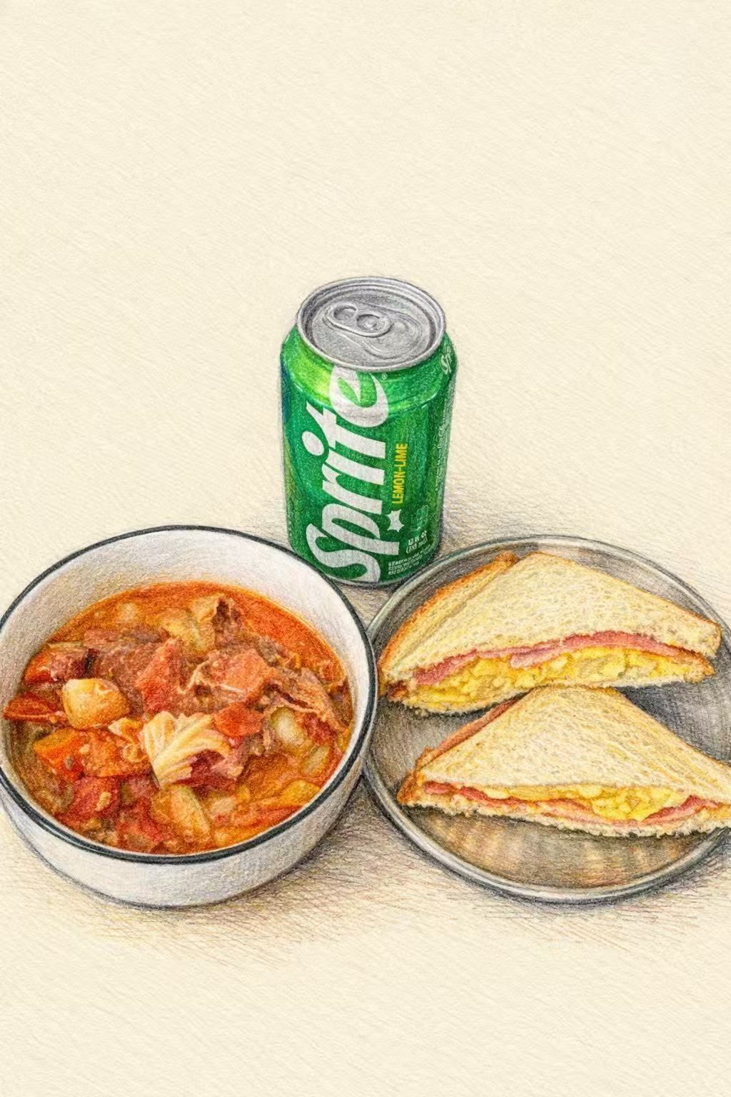 A bowl of stew, two sandwich halves on a plate, and a can of Sprite on a light-colored surface.