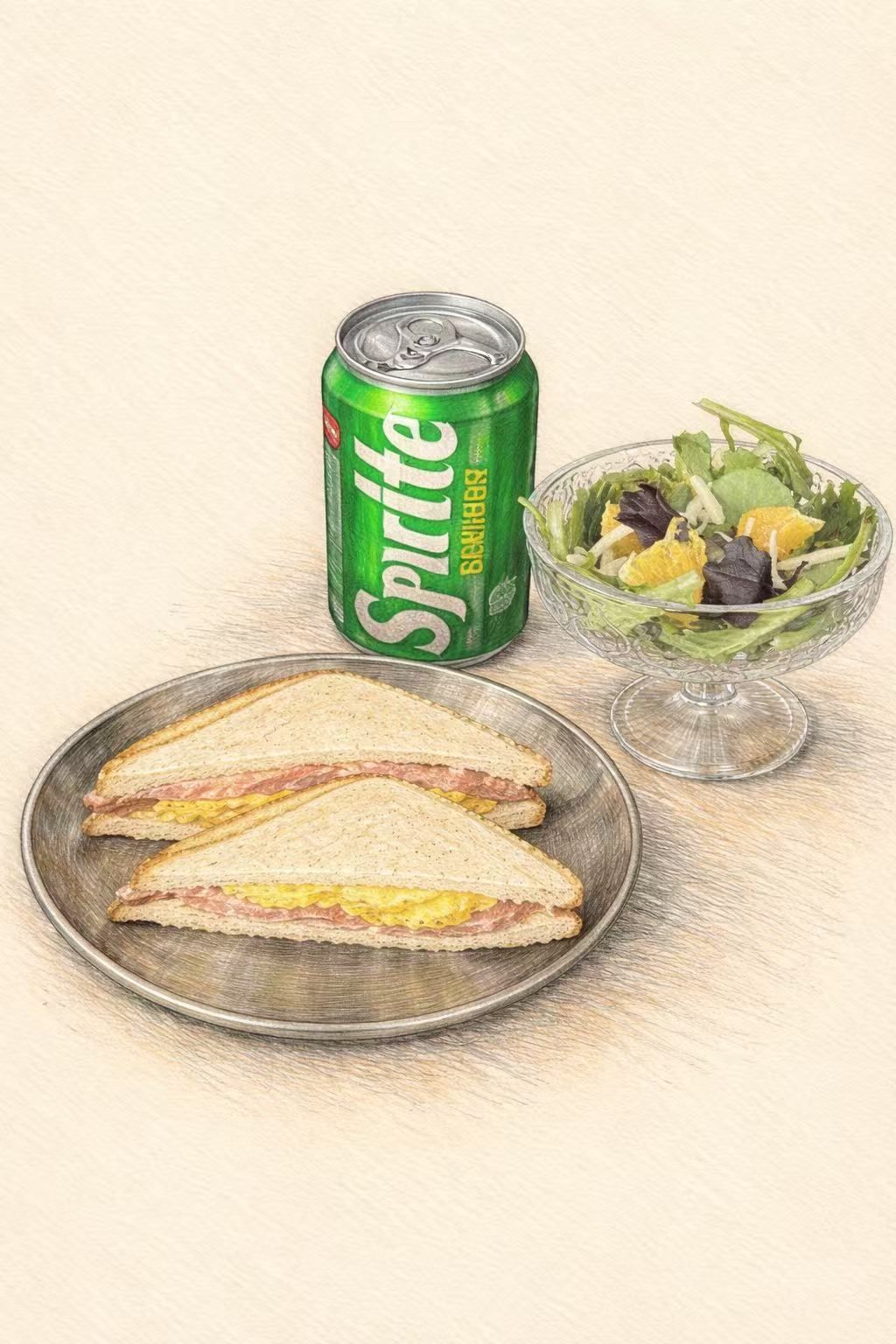 A meal featuring two triangular sandwiches on a plate, a small bowl of salad, and a can of Sprite on a light surface.