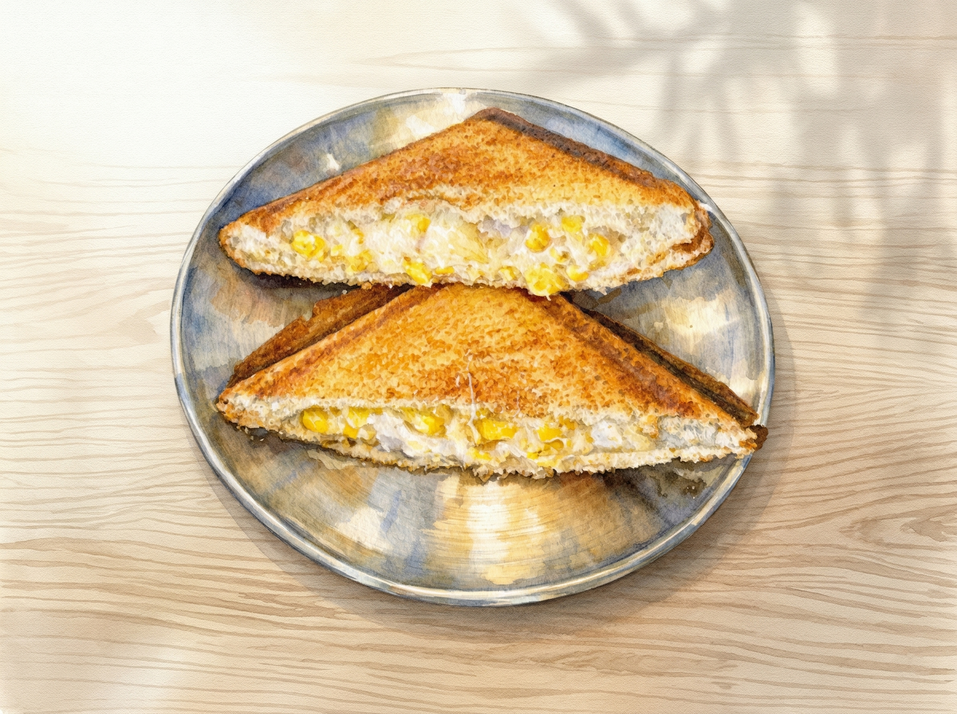 Two golden-brown toasted triangle sandwiches filled with sweet corn sit on a silver plate against a light wood background.