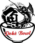 Black-and-white poke bowl logo with a marlin leaping over a bowl labeled “Poke Bowl”