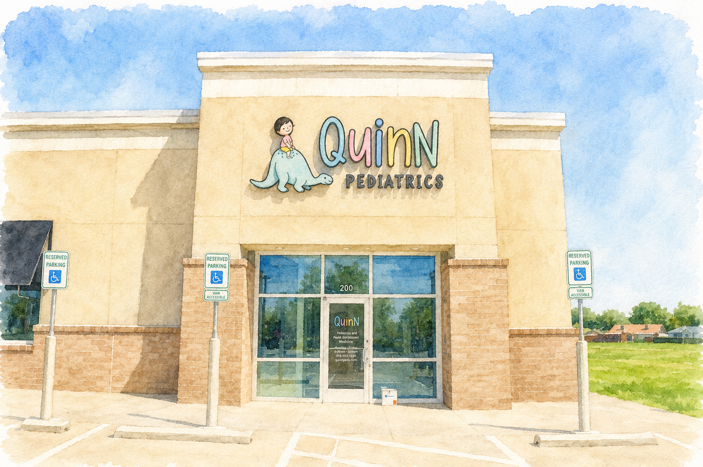 Quinn Medical Center storefront with glass entrance and beige brick exterior under a clear sky
