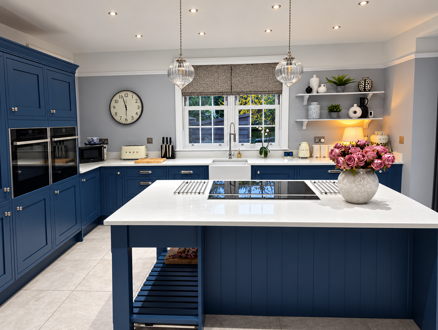 Professionally sprayed kitchen cabinets with a smooth finish around integrated ovens