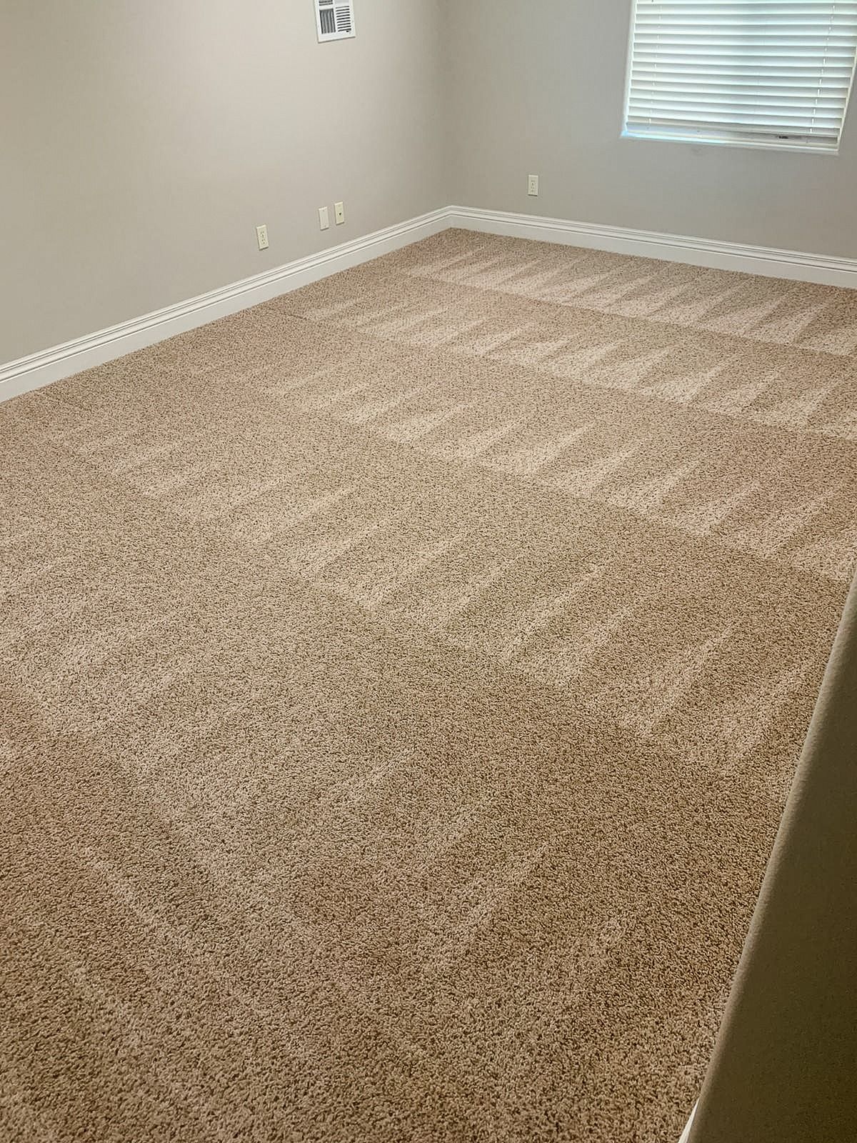 An empty room with beige carpet, light gray walls, white baseboards, and horizontal blinds on a window.