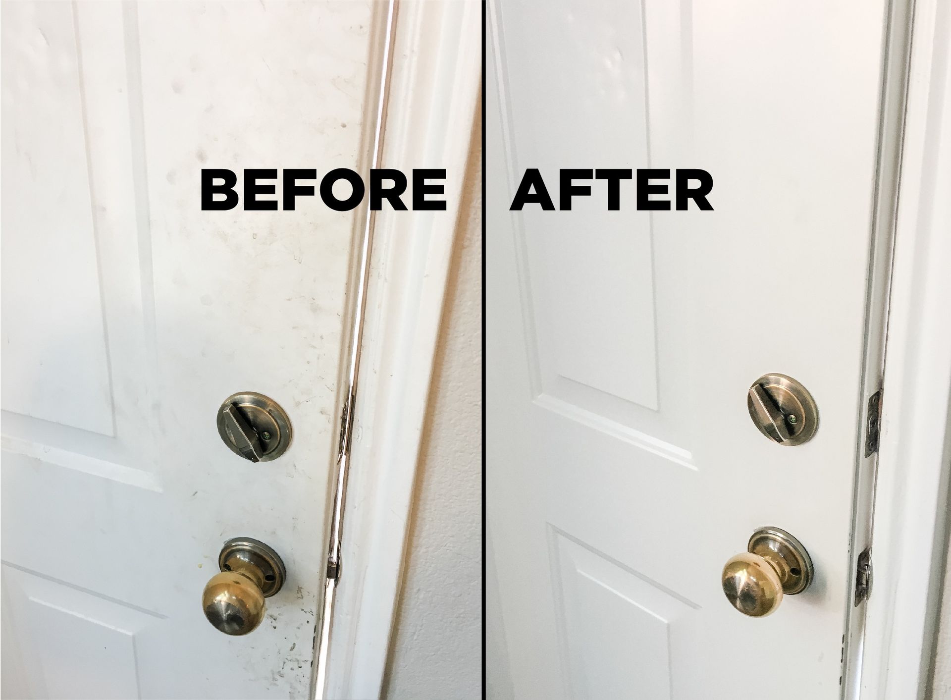 A side-by-side comparison of a white door showing grime before cleaning on the left and a clean, bright door on the right.