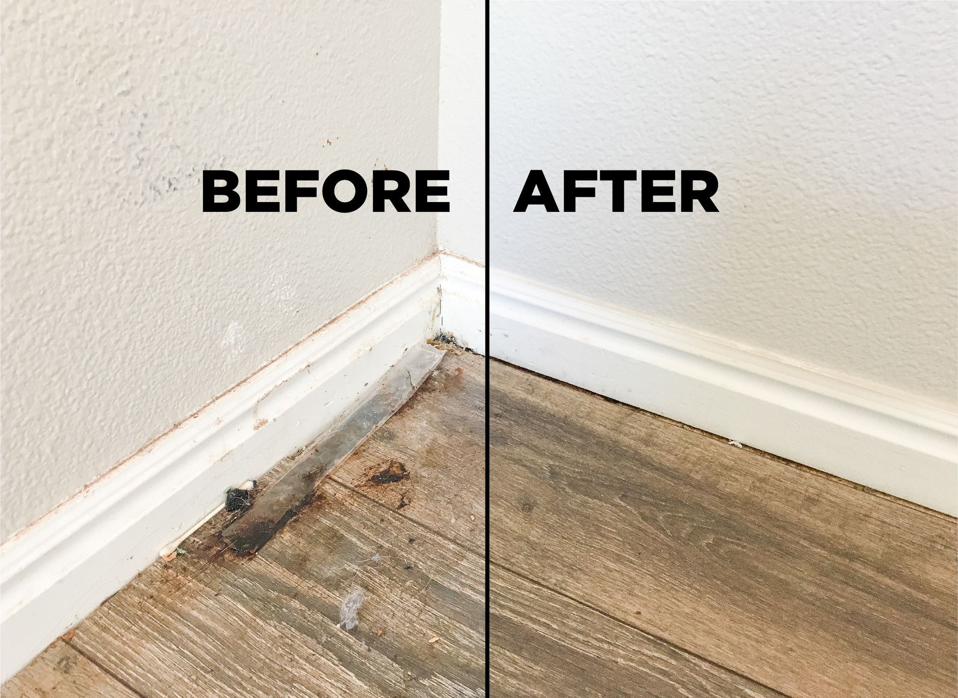 A split-screen comparison of a room corner before and after cleaning, showing debris removed from the baseboard area.