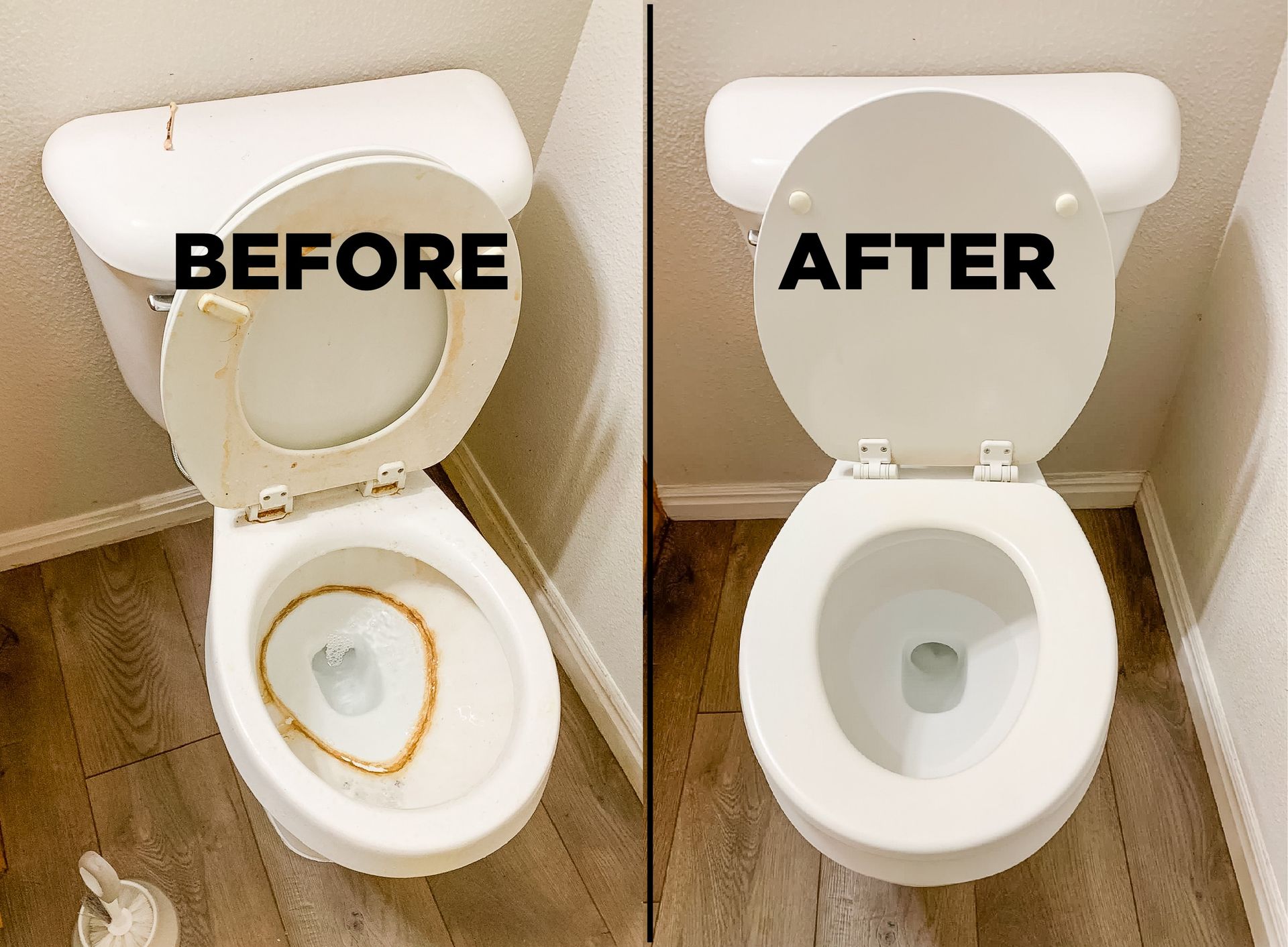 Side-by-side comparison of a toilet before and after cleaning a brown ring from the bowl.