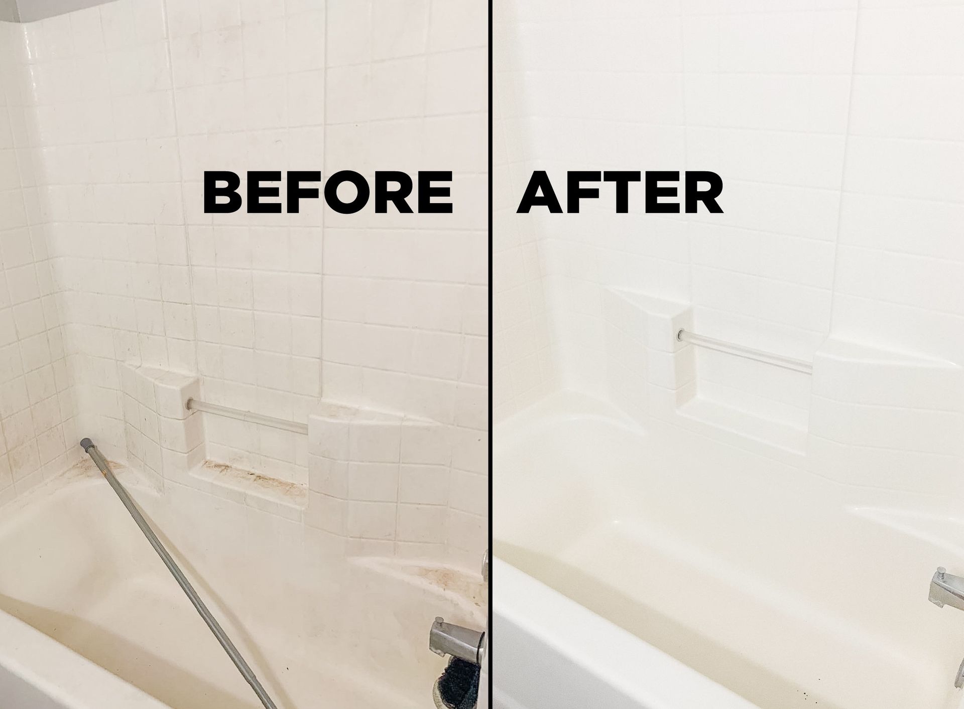 Before and after photos of a bathtub surround, showing deep cleaning of stained surfaces and tiles.