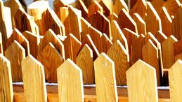 Rows of small wooden fence pickets with pointed tops in warm orange and white light