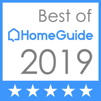 Best of HomeGuide 2019 award badge with blue stars and gray text