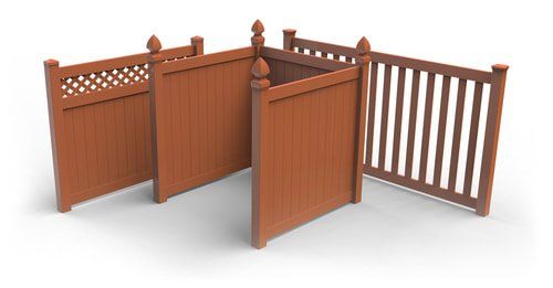 Wooden fence panels in a corner arrangement, with one lattice-topped panel and one slatted gate panel.