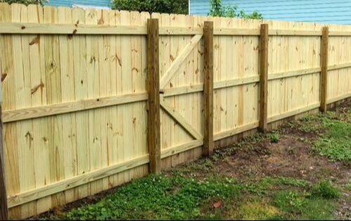 New wooden privacy fence along a grassy yard with diagonal support braces