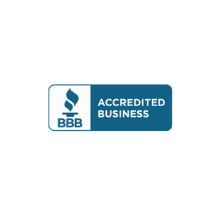 a blue and white logo for BBB accredited business