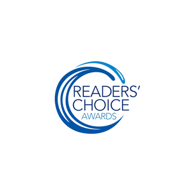 the logo for the readers' choice awards is a blue swirl