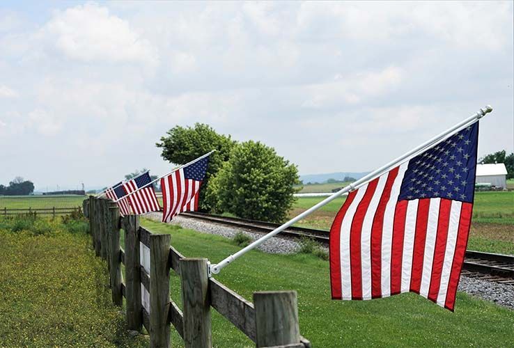 American flags along a rural fence beside a green field under a cloudy sky