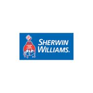 Sherwin-Williams logo on a blue rectangle with a red paint can and dripped paint