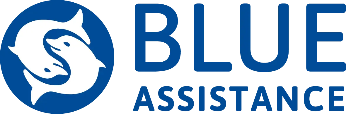 Logo di Blue Assistance con un uccellino bianco in un cerchio blu e testo blu.