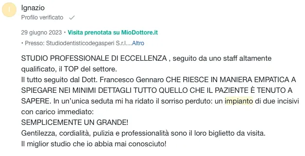Screenshot di un post sui social media italiani che elogia la professionalità e la gentilezza di una clinica dentistica.