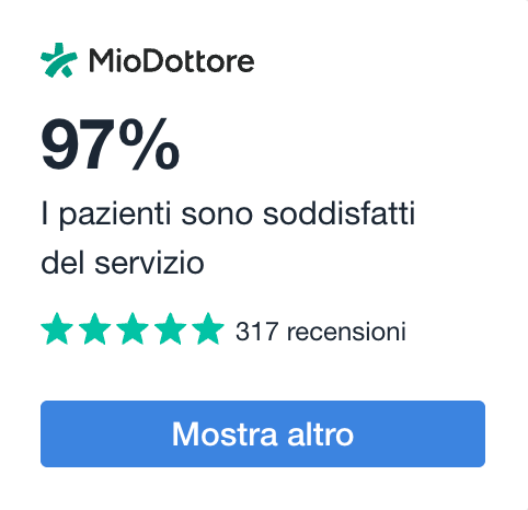 MioDottore rating card: 97% satisfied, 5-star reviews, 317 recensioni, button “Mostra altro”