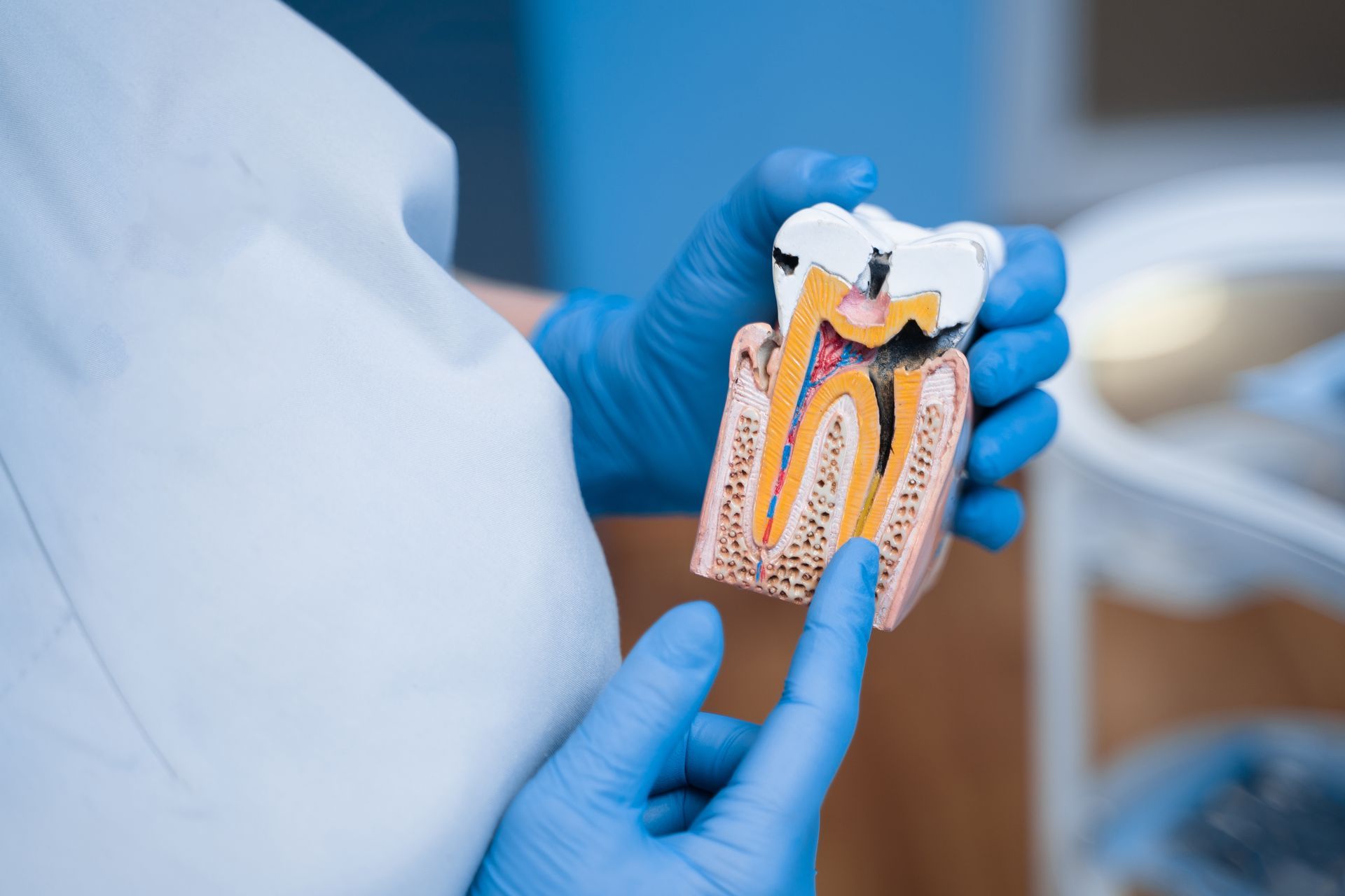 Una persona indica un modello 3D dentale sullo schermo di un computer.