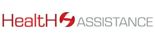 Logo di Assistenza Sanitaria in rosso e grigio con un'icona a forma di croce medica a forma di cuore.