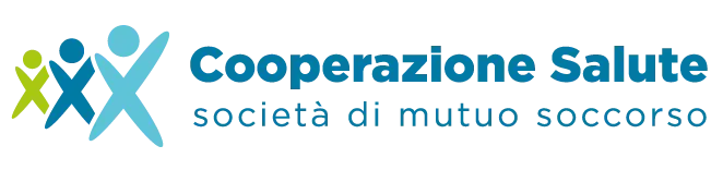 Logo with turquoise text “Cooperazione Salute” and smaller gray subtitle “società di mutuo soccorso” beside blue-green figures.