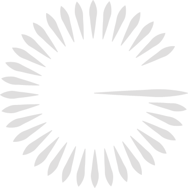 Logo astratto circolare grigio chiaro composto da forme a goccia che si irradiano su sfondo bianco.