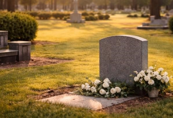 White flowers beside a memorial stone symbolizing family remembrance and lasting love.