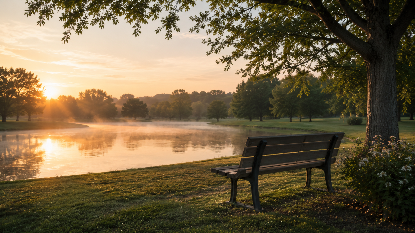 Peaceful park bench overlooking a calm lake at sunrise near cremation services in Arlington, TX.