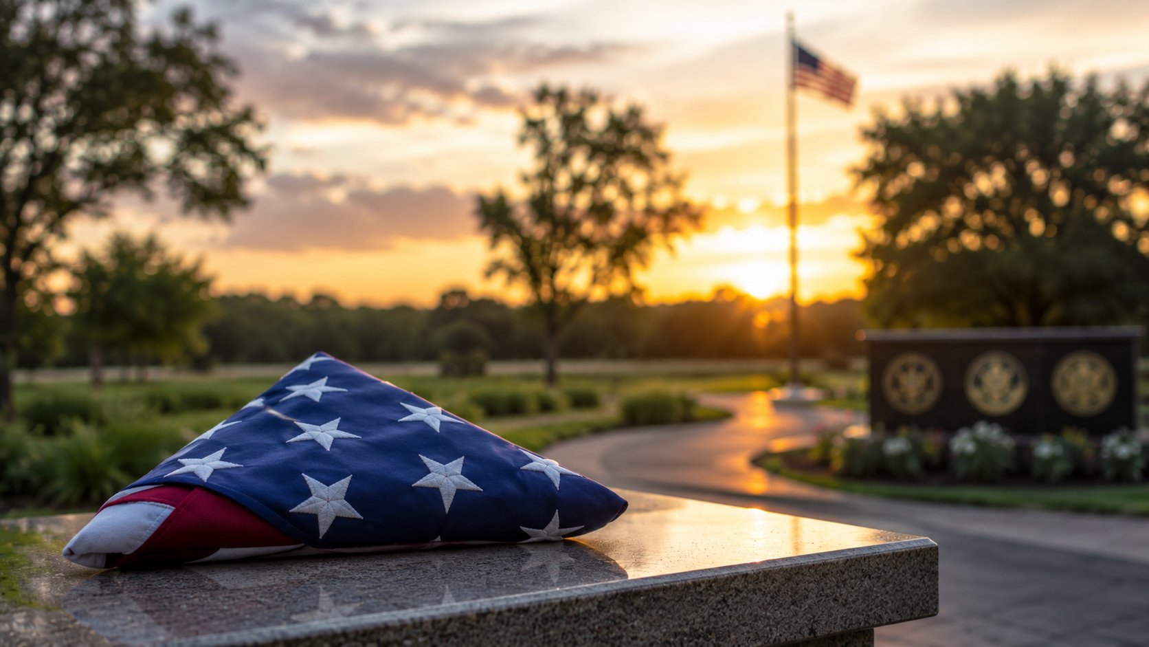Folded American flag on a memorial with sunset backdrop for cremation services in Grand Prairie, TX.