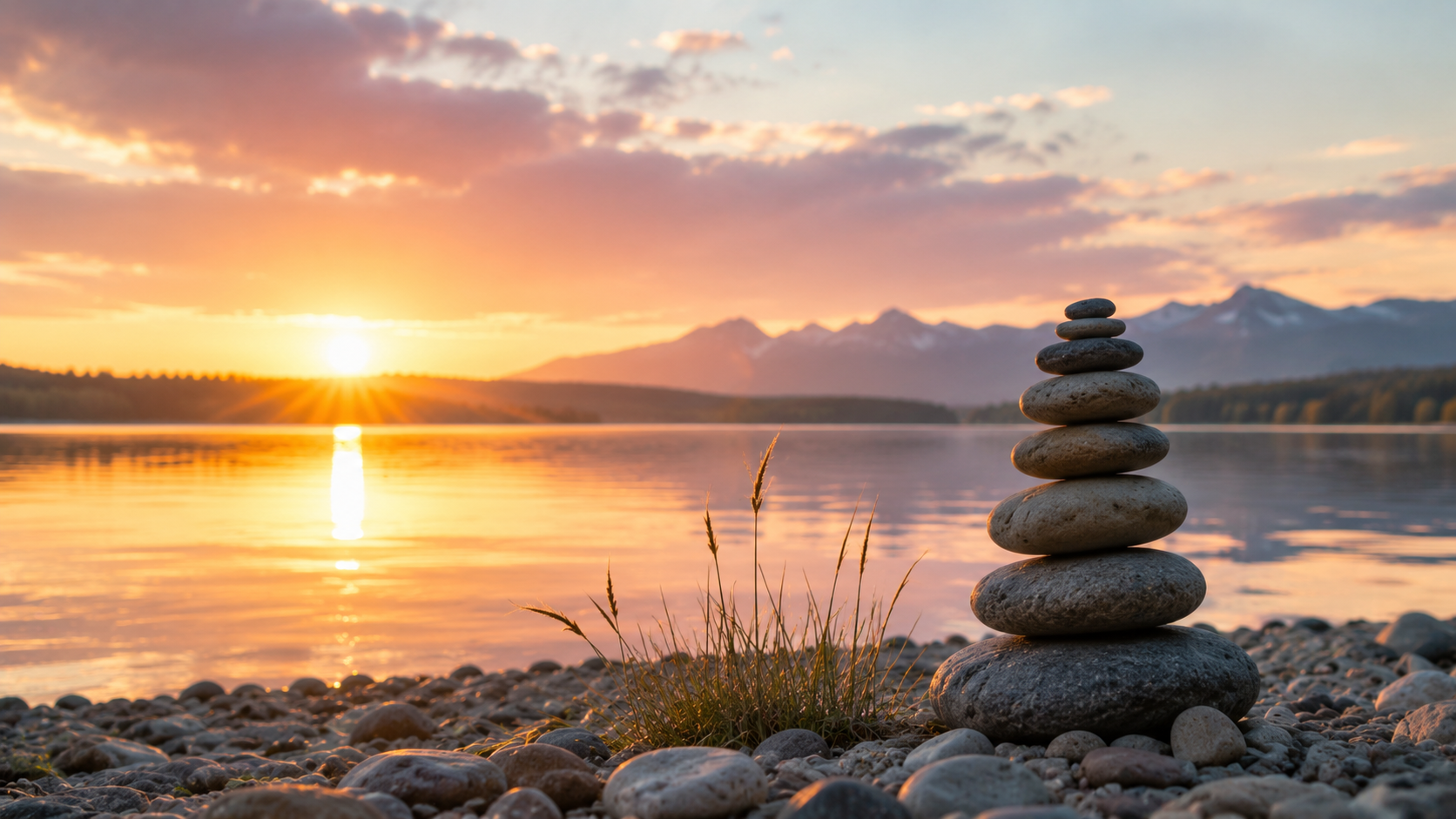 Balanced stone cairn beside a calm lake at sunset for cremation services in Mansfield, TX.