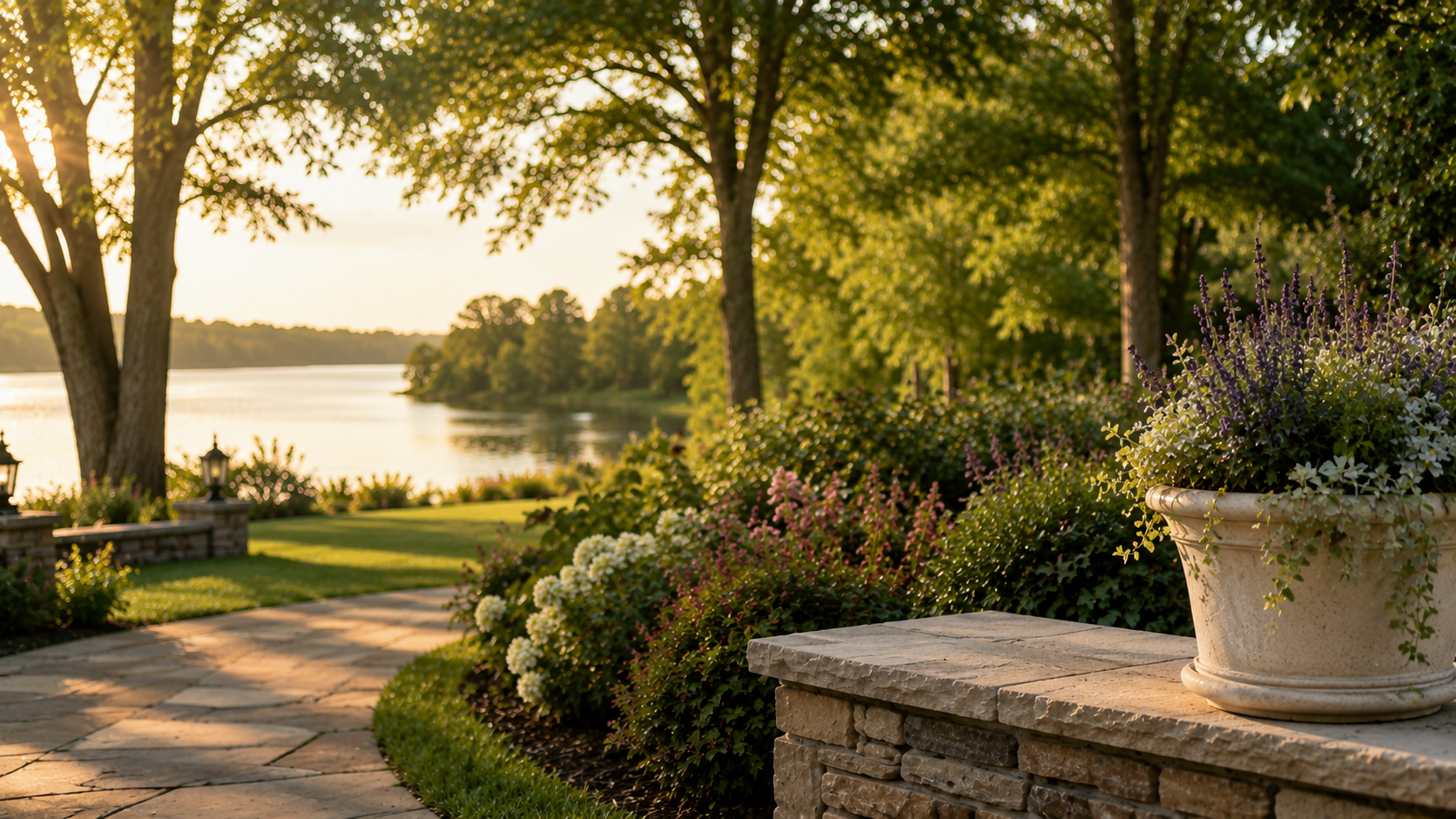 Peaceful lakeside garden for cremation services in Mansfield, TX with flowers and walking path.