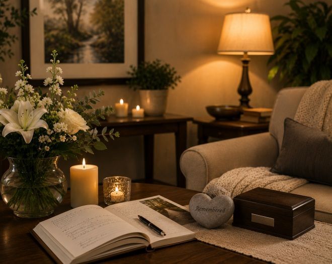 Peaceful memorial display with candles and flowers for cremation services in Mansfield, TX