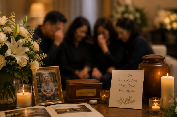 Family grieving with memorial flowers and candles in Arlington, TX