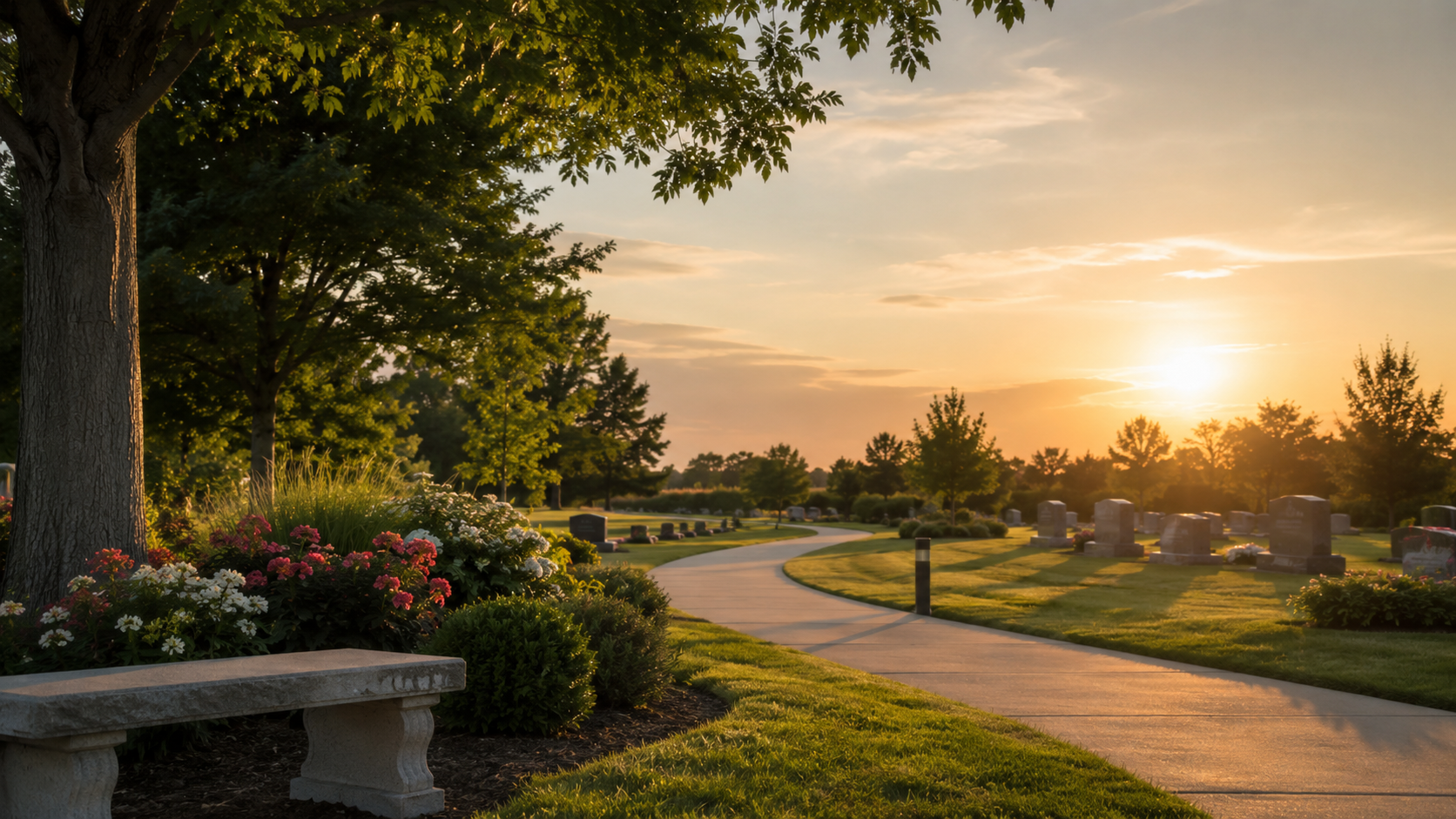 Peaceful cemetery with winding path and memorial benches at sunset in Arlington, TX.