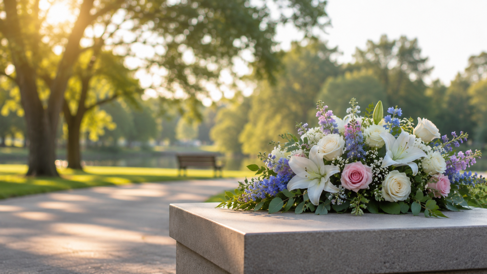 Funeral flower arrangement on a stone memorial with park pathway for funeral homes in Grand Prairie,