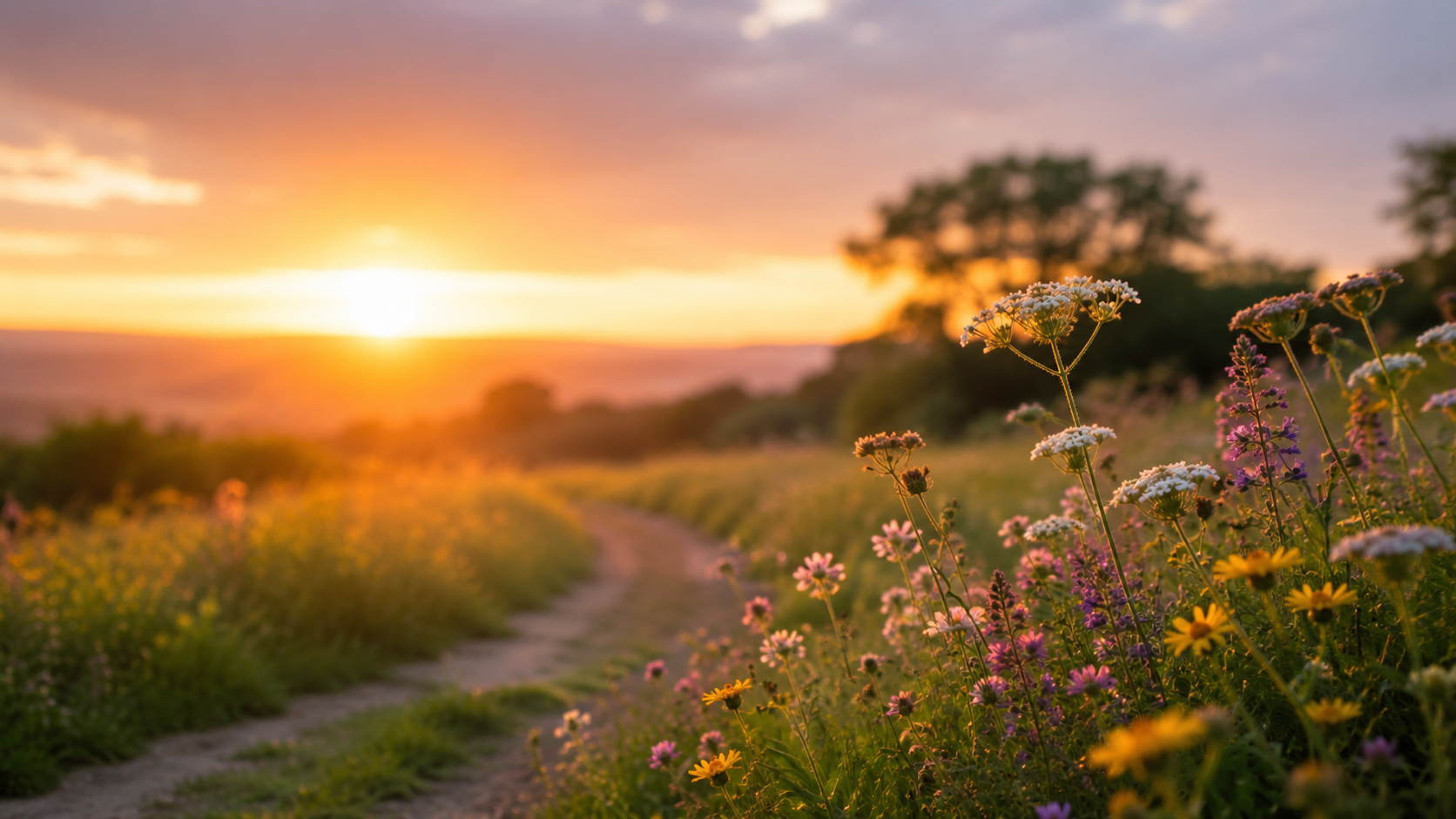 Sunset wildflower meadow with winding path for funeral homes in Mansfield, TX.