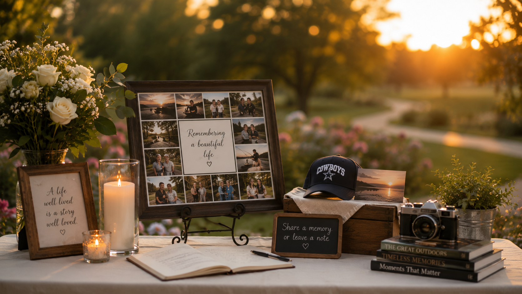 Memorial display with photos, candles, and flowers for funeral homes in Mansfield, TX.