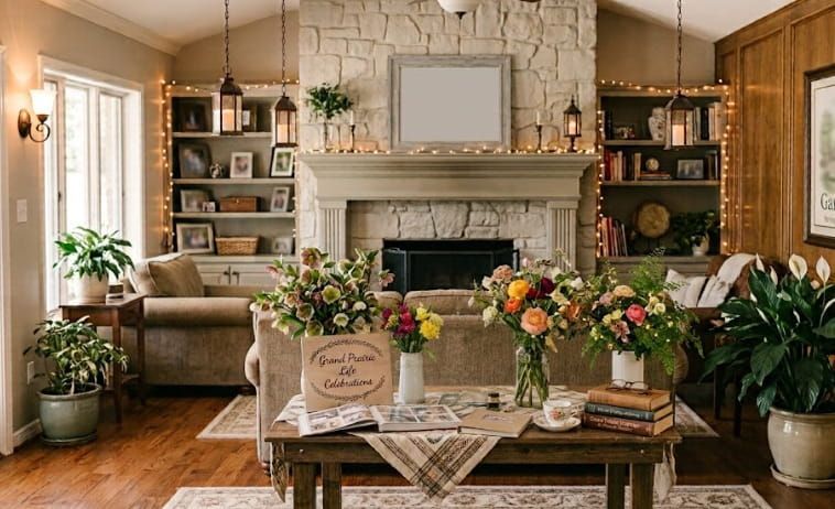 Warm memorial display with flowers and keepsakes at funeral homes in Grand Prairie, TX