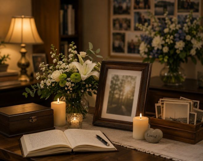 Memorial display with candles, flowers, and framed photo at funeral homes in Mansfield, TX