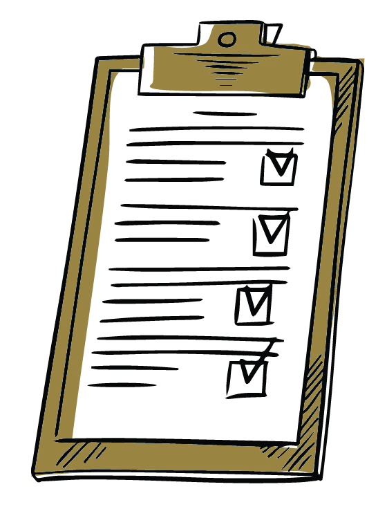A clipboard with a checklist on it on a white background.