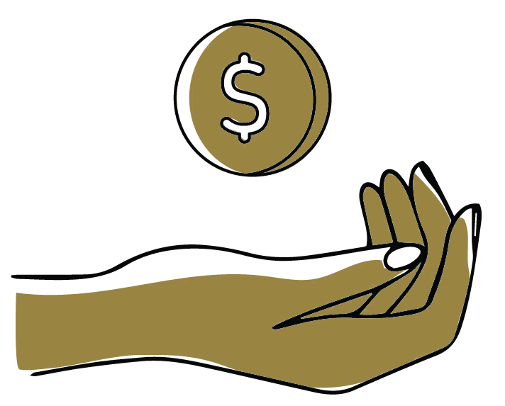 A hand is holding a coin with a dollar sign on it.
