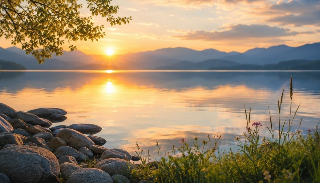 Peaceful lakeside sunset with calm water and mountain views near funeral homes Arlington, TX