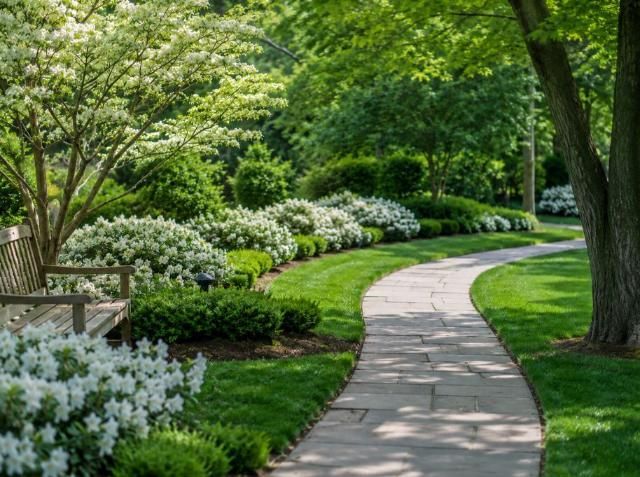 Stone garden walkway with white blooms for simple funeral homes in Arlington, TX goodbyes.
