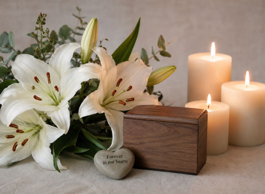 White lilies and glowing candles create a simple farewell for cremation services in Arlington, TX.