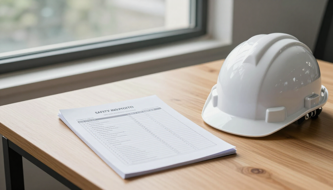 Workplace health and safety checklist on a desk with a hard hat.