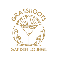 Gold logo: "Grassroots Garden Lounge" with a cocktail glass design and floral accents.