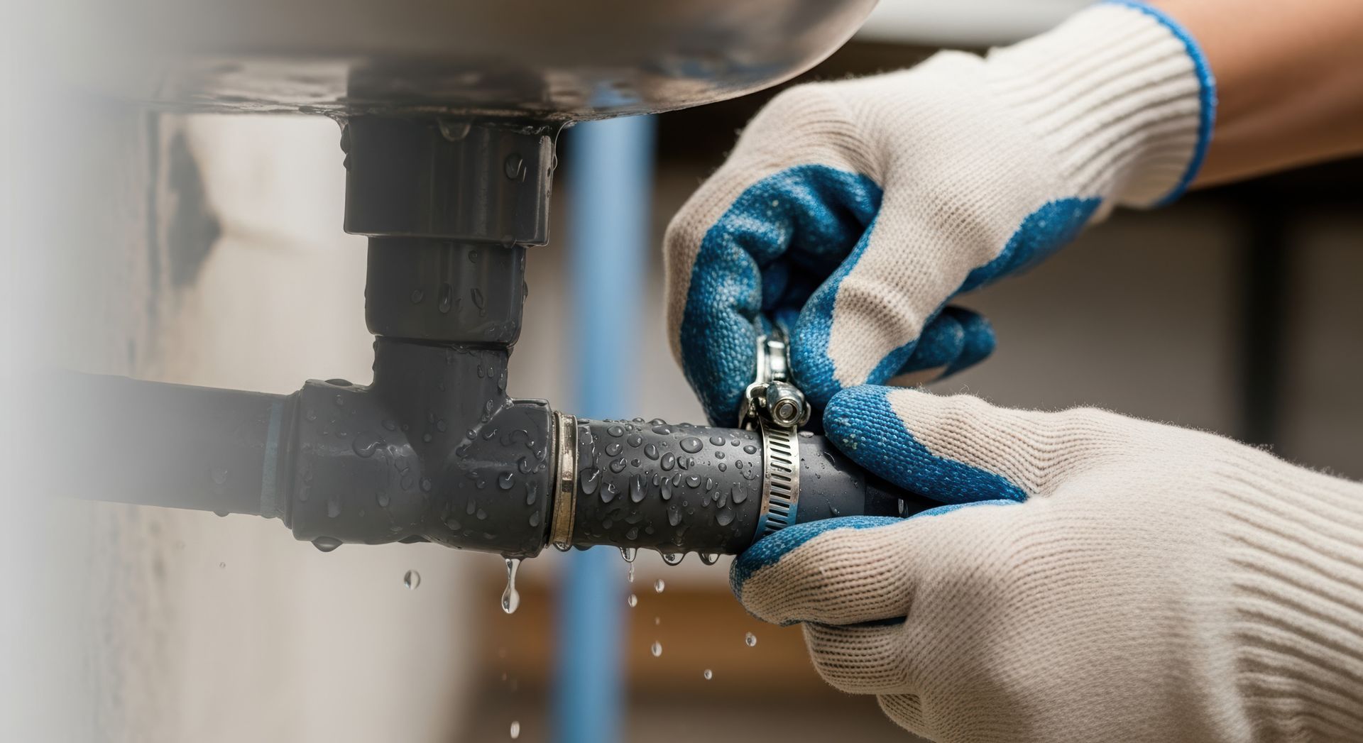 Gloved hands tightening a pipe connection under a sink with a wrench, water spraying nearby